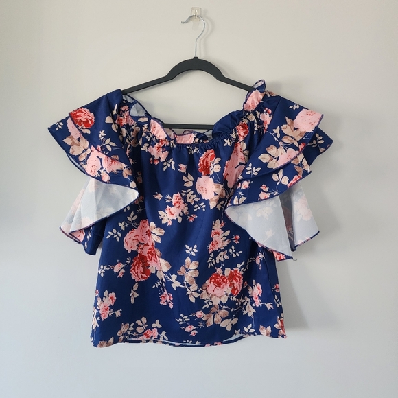 Womens Blouse Top Small Navy Blue Floral Ruffle Off-Shoulder - Picture 3 of 5
